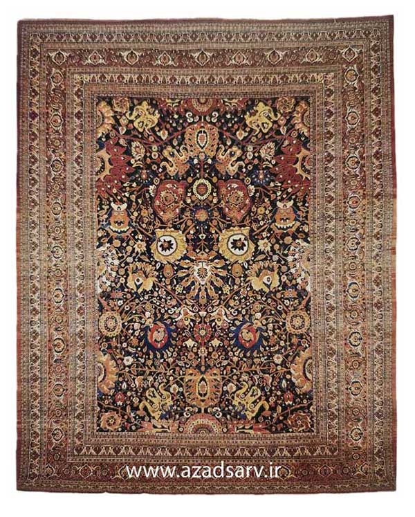 This late nineteenth century Tabriz rug with a typical medallion design, is characteristic of most Persian city rugs in being double-warped and consequently rather inflexible. While it resembles other Persian city rugs, it can be distinguished by itS symmetrical knotting, which varies greatly in density from the coarsest to the finest rugs. The wool usually has a harsher feel than rugs of Mashhad, Kerman. or Kashan.