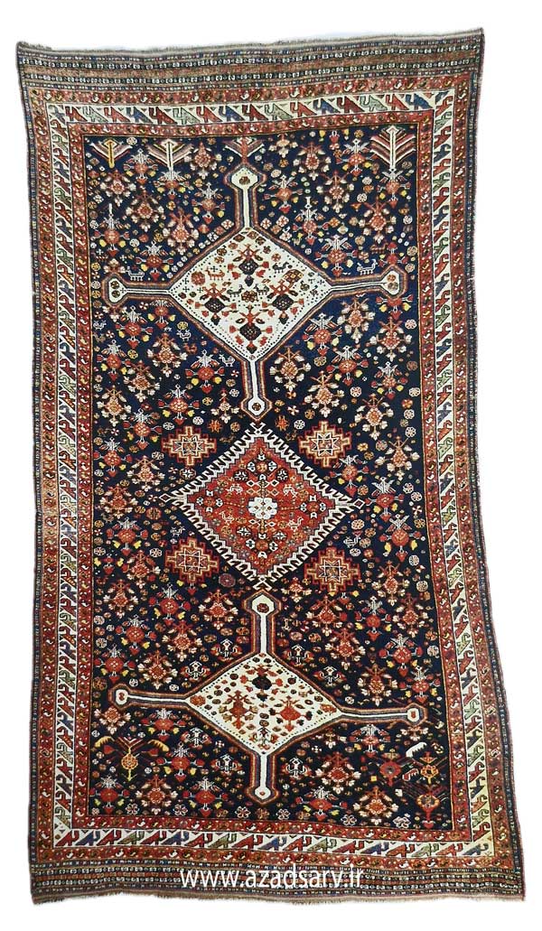 Figure 32. Khamseh rug in a typical pattern with three small lozenge-shaped medallions on a field of small repeating figures The same format is often found on Qashga'i rugs, although they include a difjerent range a subsidiary figures azadsarv carpet فرش دستباف آزادسرو