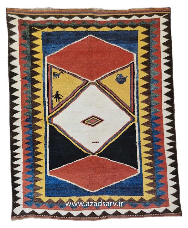 Figure 34. Gabbeh rug mn strong primary colours woven by the Lori tribe. The exact tribal origin could be argued in this case, but the strong primary colours are suggestive of a Lori group.azadsarv carpet فرش دستباف آزادسرو