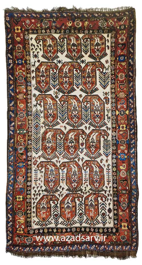 Figure 36. Afshar rug with a repeating boteh design on an ivory field. The boteh is a common device among the various groups making rugs labelled as Afshar. It varies from a small figure less than 2ins. (5cm) in size to large figures of over 12ins. (30.5cm). At times the large boteh figures show small botehs within