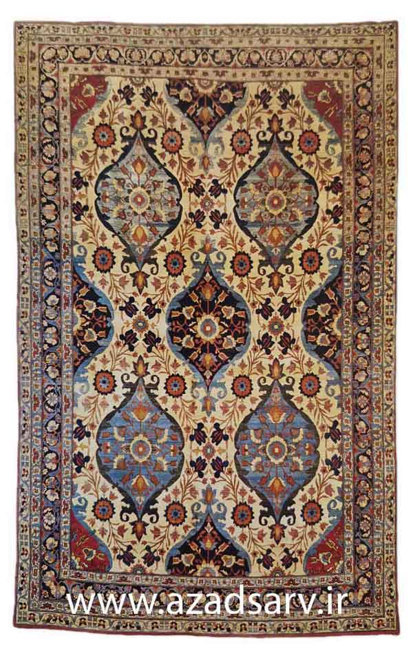 Figure 7. Multiple medallion Kerman rug, possibly as early as the mid-nineteenth century. Occasionally one finds a rug of this type exceeding 30 feet (9 metres) in length.آزادسرو azadsarv