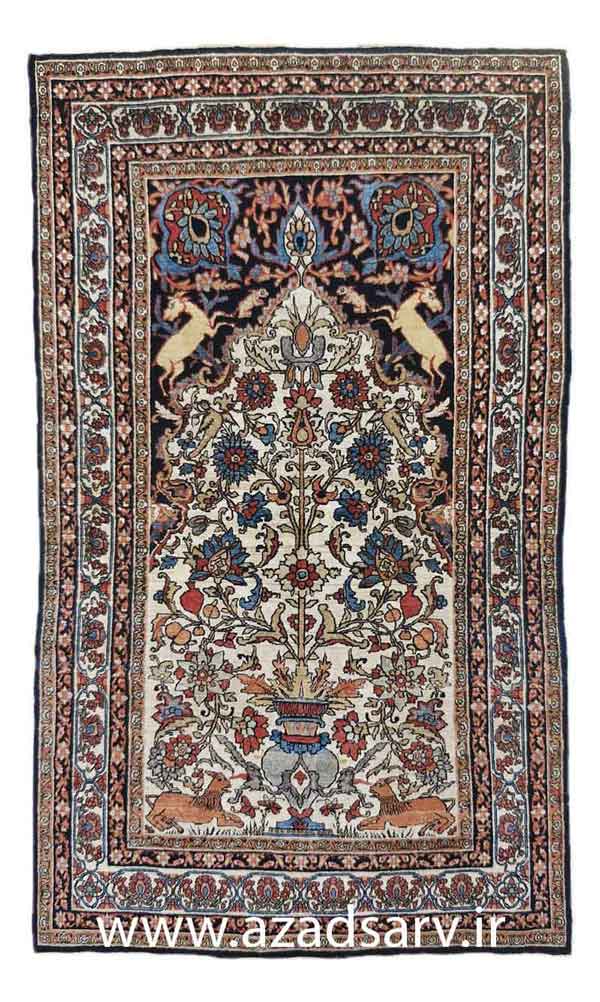 Figure 7 . Kerman prayer rug with animal figures in addition to the vase and flowers. This example shows the colour scheme typical of Kerman, with cochineal reds rather than the brick-red colours obtained with madder. Since most Kermans of the last several decades were destined for the American market, they also showed a slightly different approach to design. Approx. 84 x 49ins. (213 x 125cm). azadsarv آزادسرو